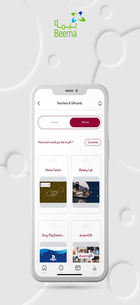 Beema - Beema mobile app interface displaying various digital gift cards and vouchers for stores like Home Centre and Sony PlayStation