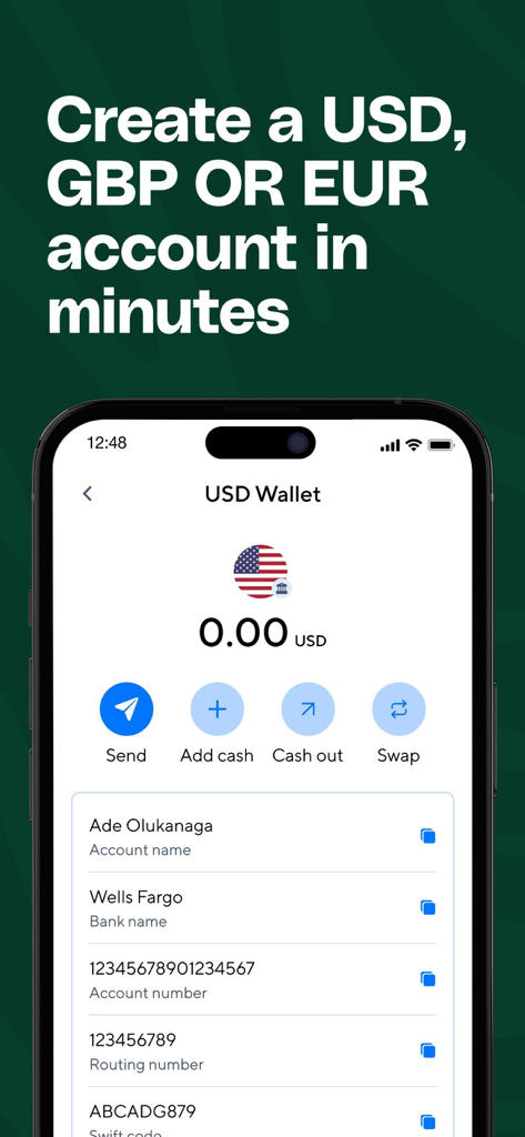 Afriex - Money transfer - Interfaz de la aplicación Afriex que muestra una pantalla de billetera USD con opciones para enviar dinero y ver detalles de la cuenta bancaria global