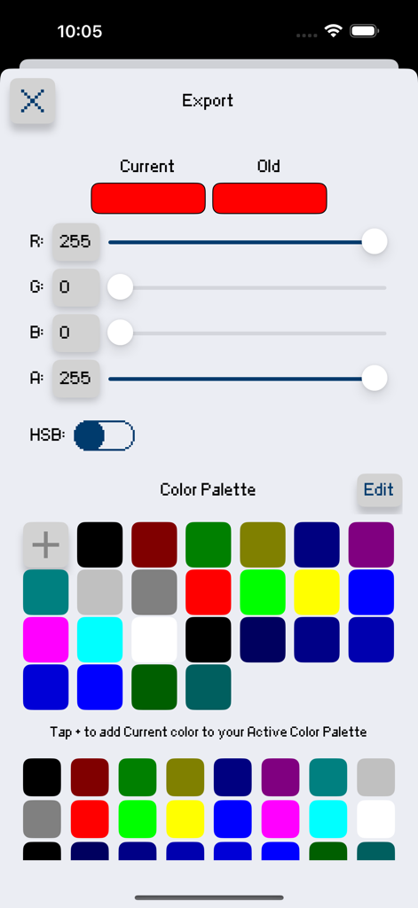 Interface of Sprite Creator showing RGBA sliders and a customizable color palette for pixel art