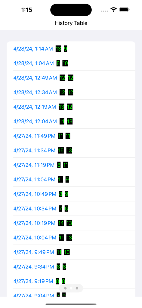 My PurpleAir - 履歴テーブル。PurpleAirセンサーからの時系列PM2.5大気質測定値を表示。