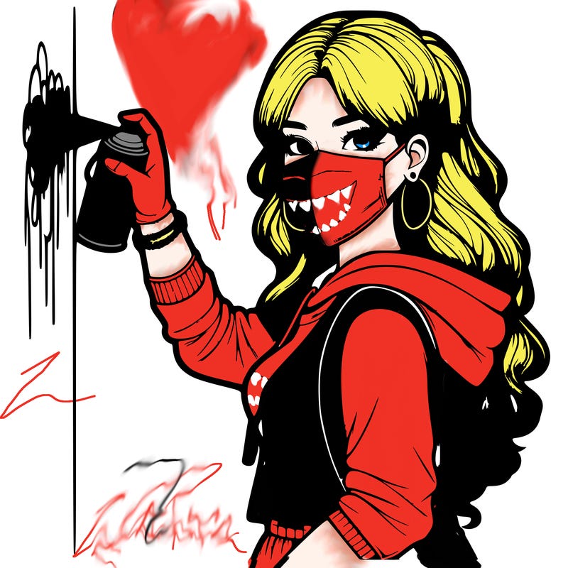 realistic girl with mask spray painting a wall