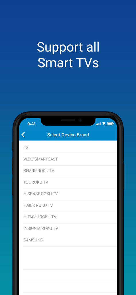 SURE Universal Remote app interface for selecting smart TV brands including LG Samsung and Roku