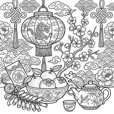 Immerse yourself in the rich traditions of Lunar New Year with this beautiful still life coloring page. Discover intricate details like dragons, blossoms, and festive symbols awaiting your creative touch.