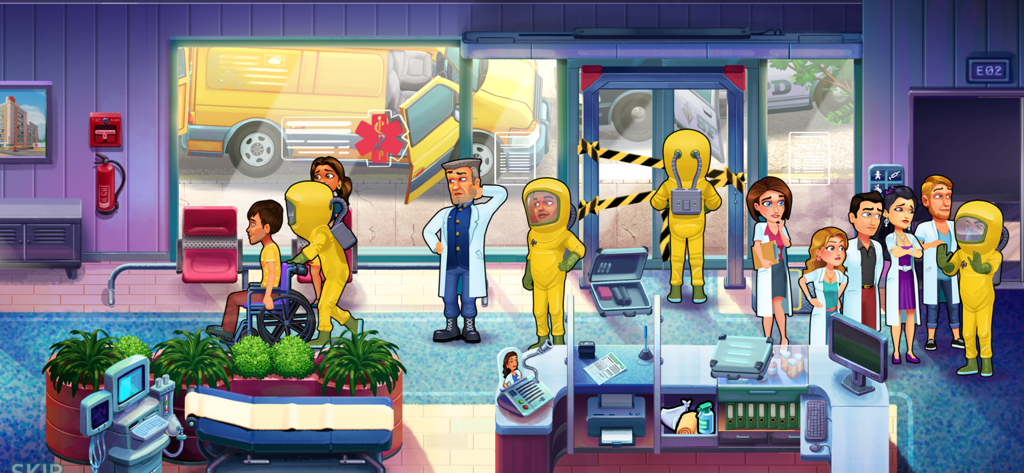 Heart's Medicine - Doctor Game - Eine Krankenhaus-Quarantäneszene in Hearts Medicine, die Ärzte und Personal in Schutzanzügen während eines medizinischen Notfalls zeigt.