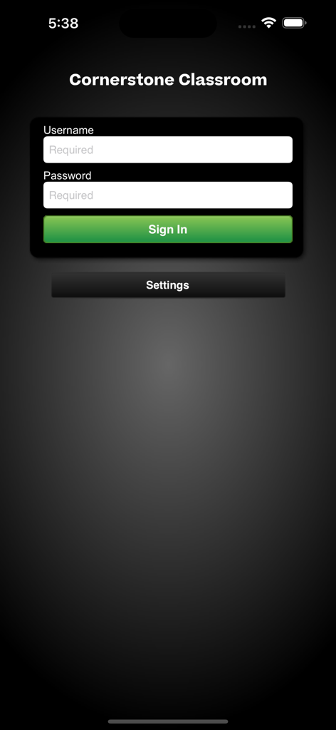 Cornerstone Classroom mobile app login screen showing username and password fields