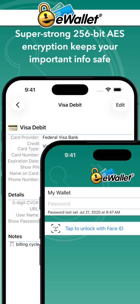 eWallet - Password Manager - Captura de pantalla de la aplicación eWallet mostrando cifrado AES de 256 bits y funcionalidad de desbloqueo con Face ID