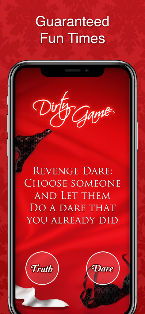 Dirty Game - Hot Truth or Dare - Dirty Game App-Oberfläche, die eine Rache-Aufgabe mit den Schaltflächen Wahrheit und Pflicht zeigt