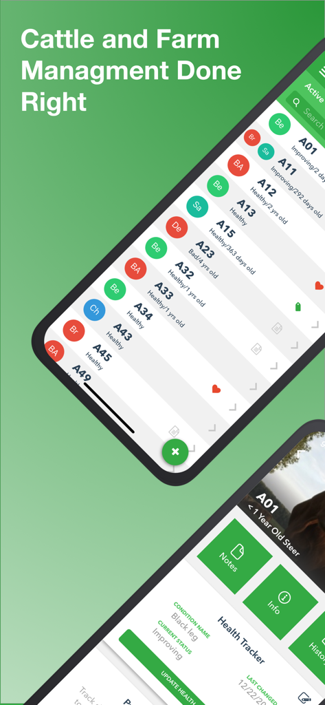 Mobile app interface for Ranchr showing cattle records and health tracking details