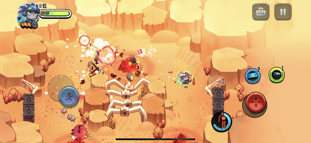 Juicy Realm - Action-packed gameplay screenshot of Juicy Realm featuring character combat against mutant fruits in a desert level.
