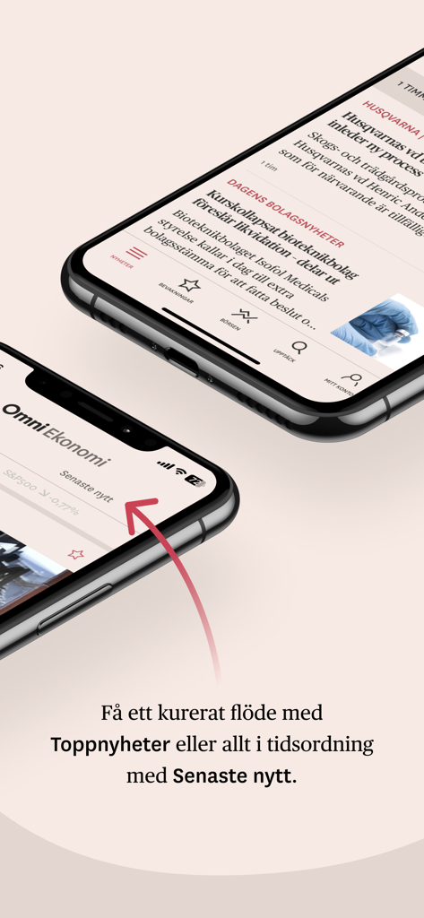Omni Ekonomiアプリのインターフェースが、厳選された金融ニュースとiPhone上での時系列フィードオプションを表示している。