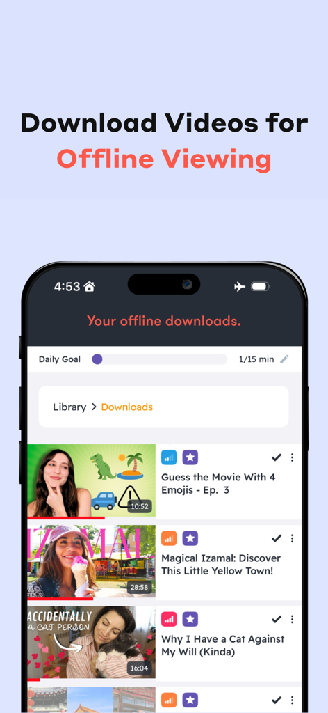 Captura de tela da interface do aplicativo Dreaming mostrando uma lista de vídeos de aprendizado de idiomas baixados para visualização offline