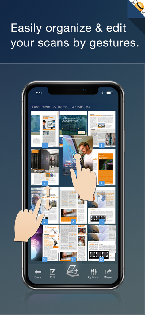 iPhone screen showing PDF Scanner app interface for organizing document pages with touch gestures
