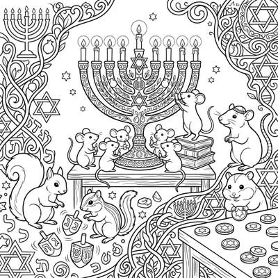 Dive into the festive spirit with this charming Hanukkah coloring page starring an adorable cast of rodents. Watch as mice, squirrels, and hamsters bring the holiday traditions to life around menorahs and dreidels.