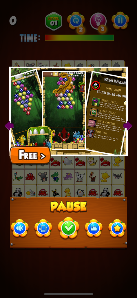 Onet Connect Animals Deluxe - Onet Connect Animals Deluxe game interface showing the pause menu and animal tile grid background