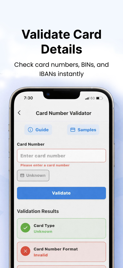 NFC Reader & Card Wallet - Schermata dell'iPhone che mostra lo strumento Validatore Numero Carta all'interno dell'app Lettore NFC