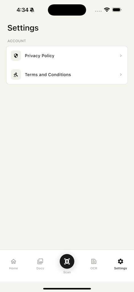 Smart Scan – PDF Scanner App - Menu delle impostazioni dell'app scanner PDF Smart Scan su iOS con collegamenti legali all'account