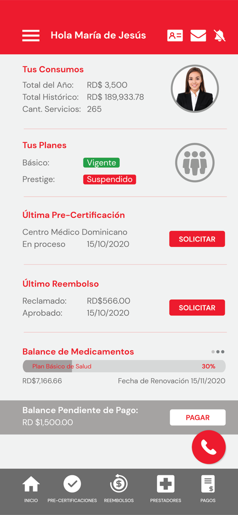 MAPFRE Salud ARS - Dashboard of the MAPFRE Salud ARS mobile app showing insurance usage and plan status in Spanish