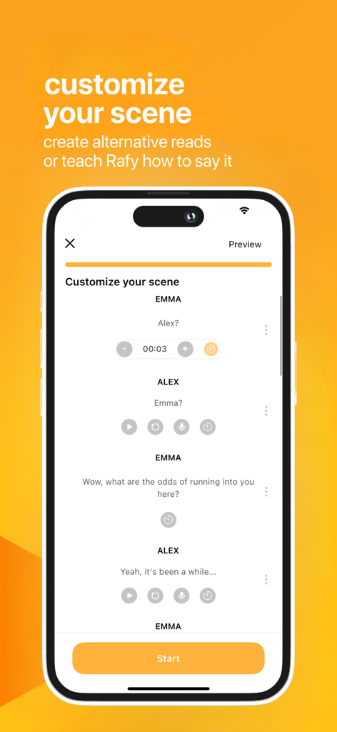 Rafy mobile app screen showing script customization tools for acting scenes with character dialogue and timing controls