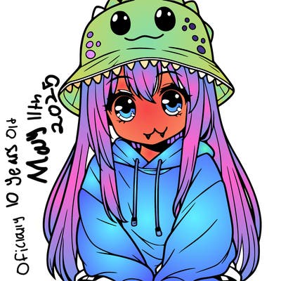 girl with anime shaped eyes with a dinosaur bucket hat oversized sweatshirt long straight hair