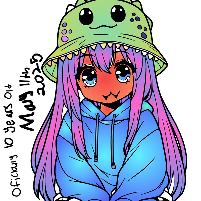 girl with anime shaped eyes with a dinosaur bucket hat oversized sweatshirt long straight hair