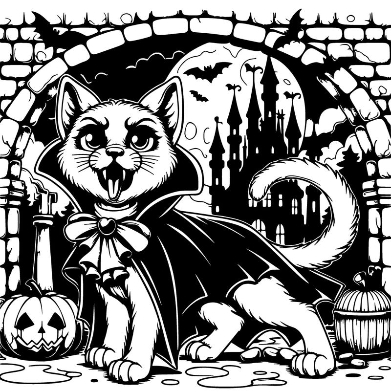 realistic vampire cat in a spooky castle