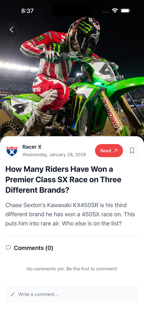 MX Passion - Vista de artículo en la aplicación MX Passion con una noticia de Racer X sobre resultados de carreras de motocross.