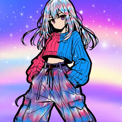 anime teen girl with baggy pants and crop top with sweater