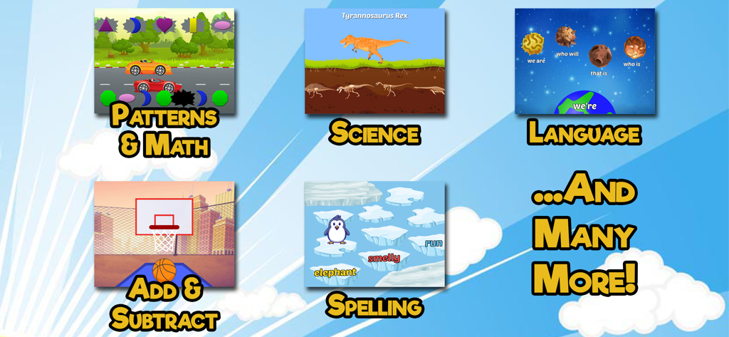 First Grade Learning Games - Screenshots of various educational games for first graders covering math science spelling and language