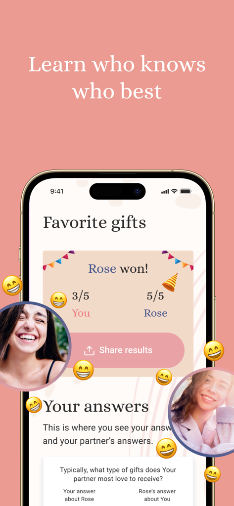 Cuddle: Couples & Relationship - Una pantalla de teléfono inteligente que muestra el resultado de un cuestionario de pareja sobre los regalos favoritos en la aplicación de relaciones Cuddle.