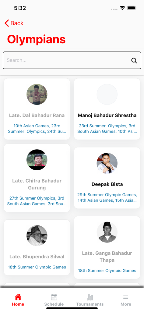 National Sports Council, Nepal - A mobile app screen titled Olympians displaying a grid of Nepalese athletes with their names and historical Olympic appearances