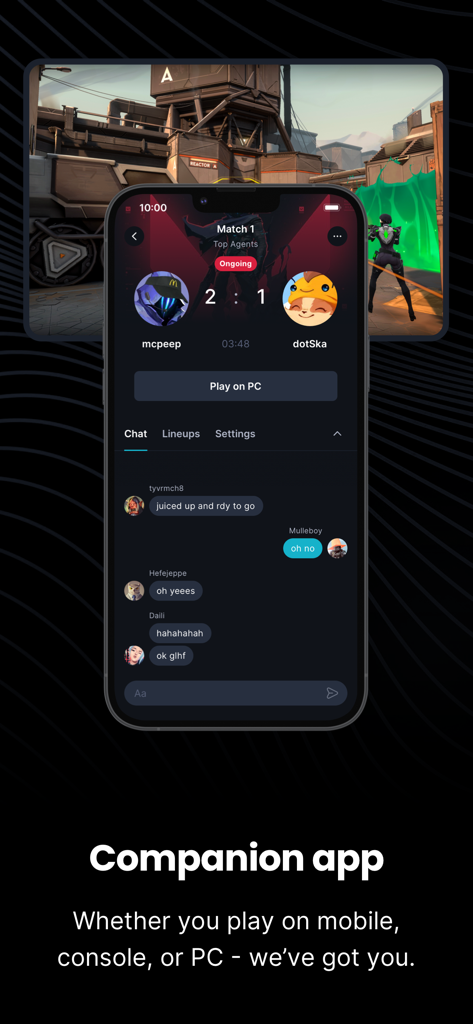 Challengermode mobile companion app displaying a match score and player chat interface