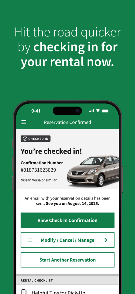Enterprise Rent-A-Car - Enterprise Rent-A-Car mobile app screen displaying a successful reservation check-in for a Nissan Versa.