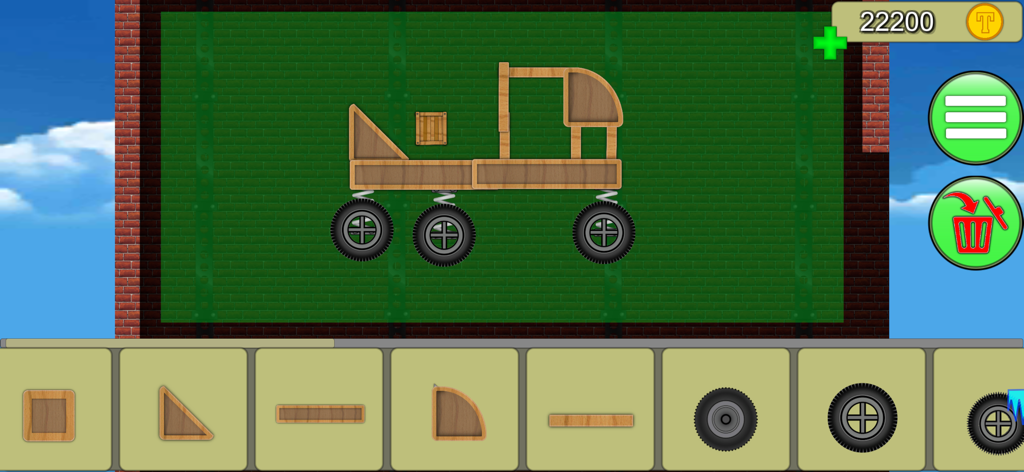 Interfaz de construcción de vehículos personalizados en Car Craft mostrando piezas de madera y ruedas.