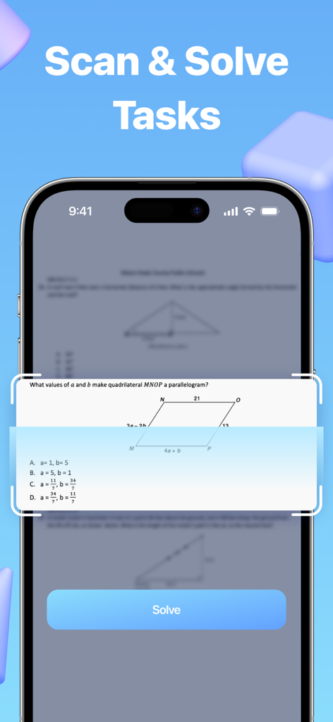 A smartphone screen showing the Geometry Solver app scanning a math problem about a parallelogram from a worksheet.