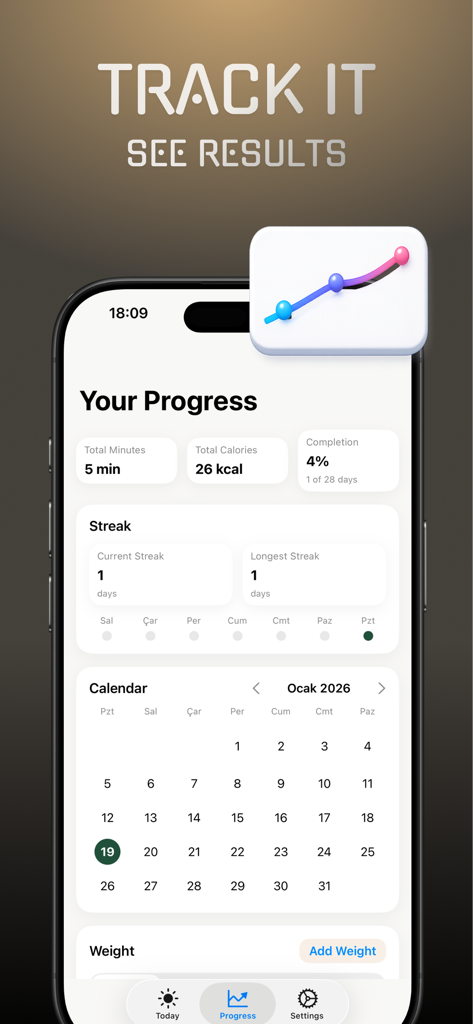 Tai Chi & Qigong: Home Coach - A user progress dashboard displaying workout minutes, calories burned, and a daily activity streak calendar.