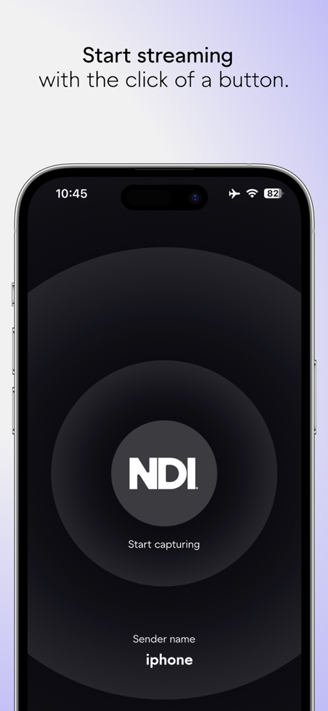 NDI Capture: Screen Sharing - NDI Capture mobile app interface showing the NDI logo and a start capturing button for professional screen sharing