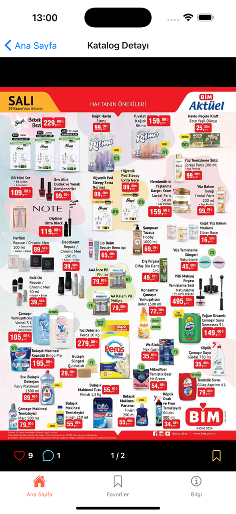 Bim A101 Sok Aktuelアプリのデジタル食料品チラシには、トルコの家庭用洗剤やパーソナルケア用品の週替わり割引が表示されています。