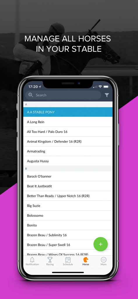 Prism - Horse Management - Mobile app interface of Prism showing a comprehensive list of horses in a stable for management and tracking.