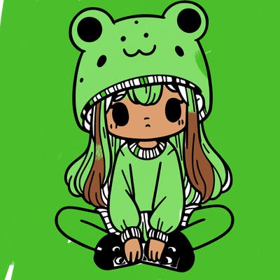 a girl wearing a frog hat and some frog socks