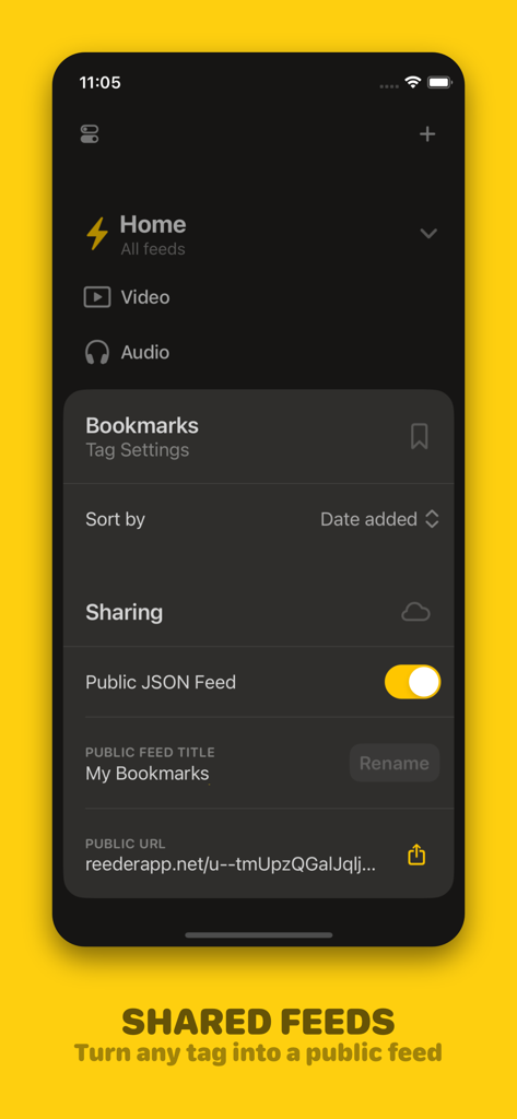 Interface of the Reeder app showing the shared feeds feature and public JSON feed settings