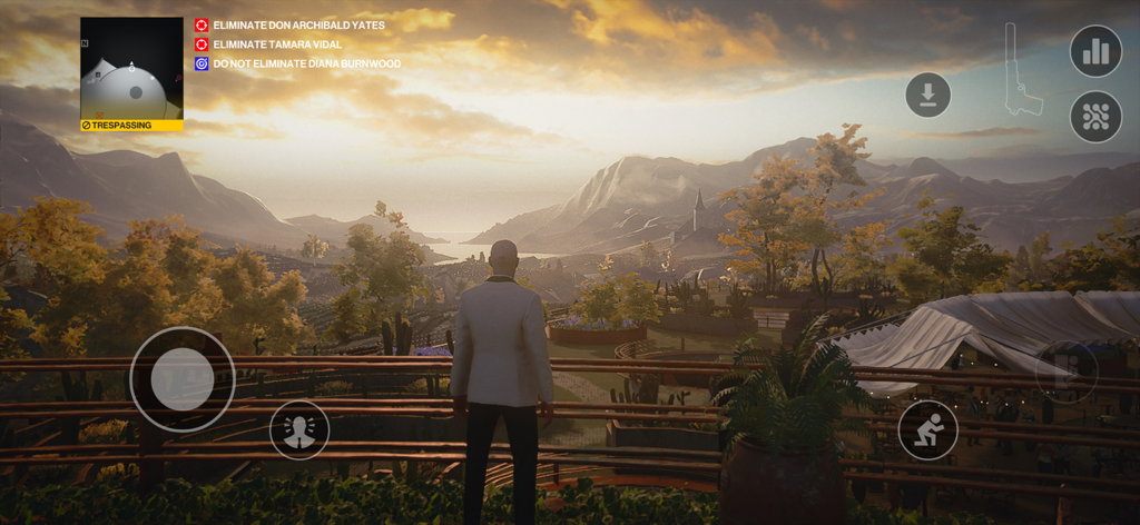 Agent 47 overlooking a scenic sunset landscape in HITMAN World of Assassination mobile
