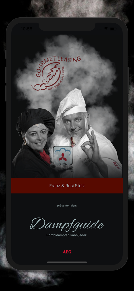 Intro screen of the Dampfguide app featuring professional chefs Franz and Rosi Stolz