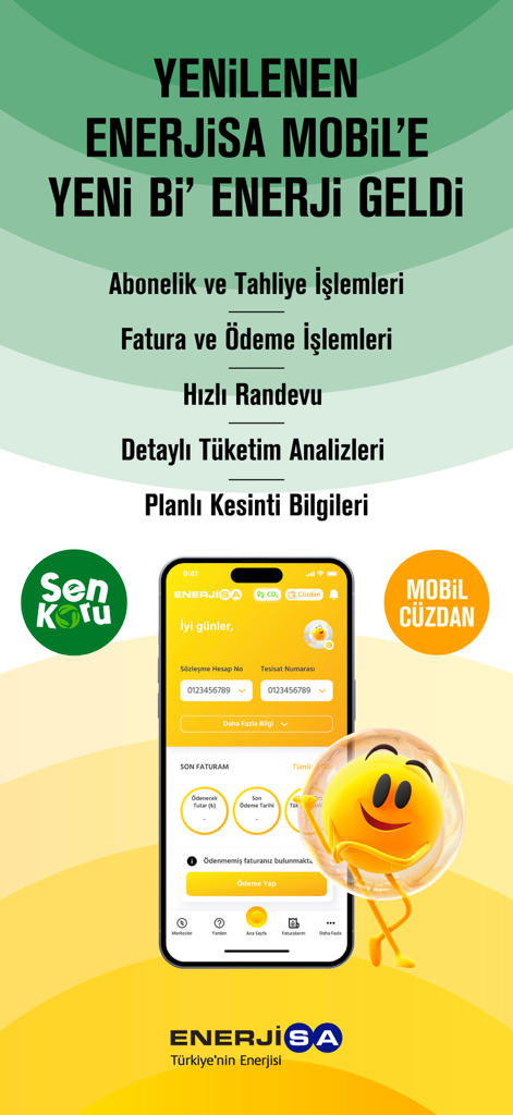 Enerjisa Mobil - Pantalla promocional de la aplicación Enerjisa Mobil mostrando funciones para el pago de facturas de electricidad, análisis de consumo y billetera móvil