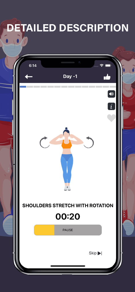Abs Workout Fit Body Exercises - Una interfaz de aplicación móvil que muestra un ejercicio de estiramiento de hombros con rotación, animación y un temporizador.