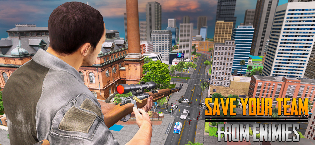 Sniper Shooting 3D Game - Un personaje francotirador 3D apuntando un rifle desde una azotea con vistas a una ciudad urbana