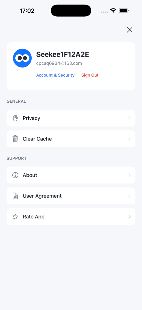 La pantalla de configuración de la cuenta de la aplicación Seekee con información del perfil de usuario y opciones generales de soporte.