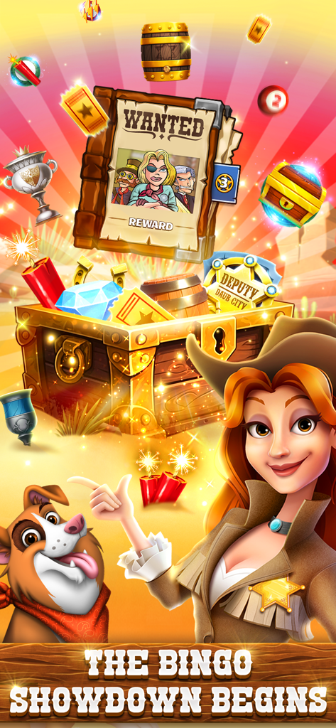 Vaquera y perro con cofre del tesoro en el juego Bingo Showdown