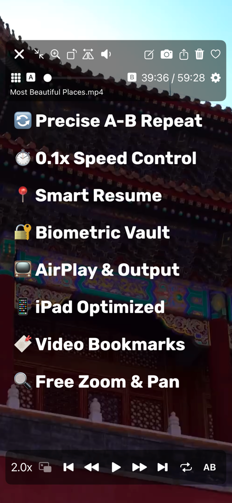 Screenshot of Mugen Player app highlighting features like A-B repeat, speed control, and biometric vault.