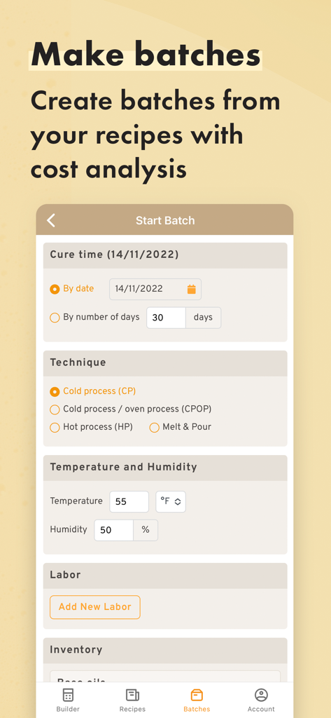 Soapmaking Friend – Soap Calc - Interface of the Soapmaking Friend app for creating a new soap batch with cure time and technique options.