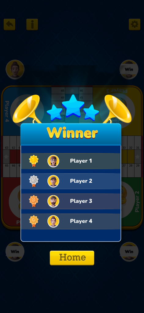Pantalla de ganador del juego de mesa Parchís mostrando las clasificaciones para cuatro jugadores